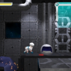 Space Pom Game Prototype: Basement scene. Pipes, pendant lighting, and dark grey panels modeled in 3ds Max and hand-painted in Photoshop. Build in Unity 3D. Level shows leaving storage area containing unusable space ship parts.